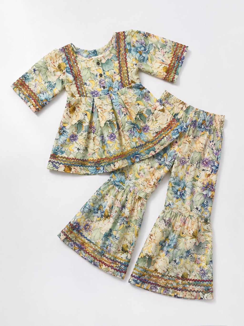 Beige Floral (2-Pcs) Cotton Frock For Girls