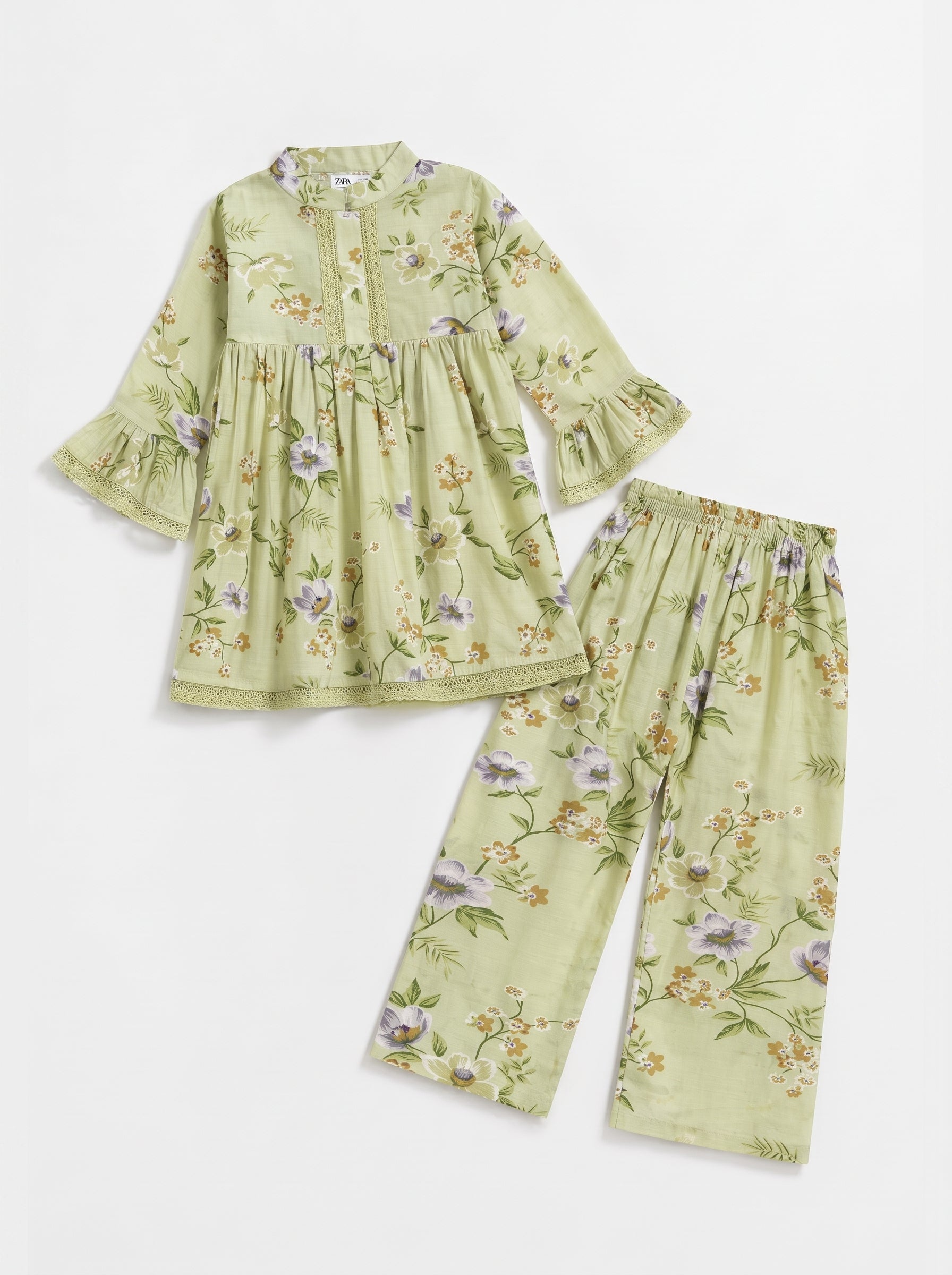 Light Pistachio Floral (2-Pcs) Cotton Frock For Girls