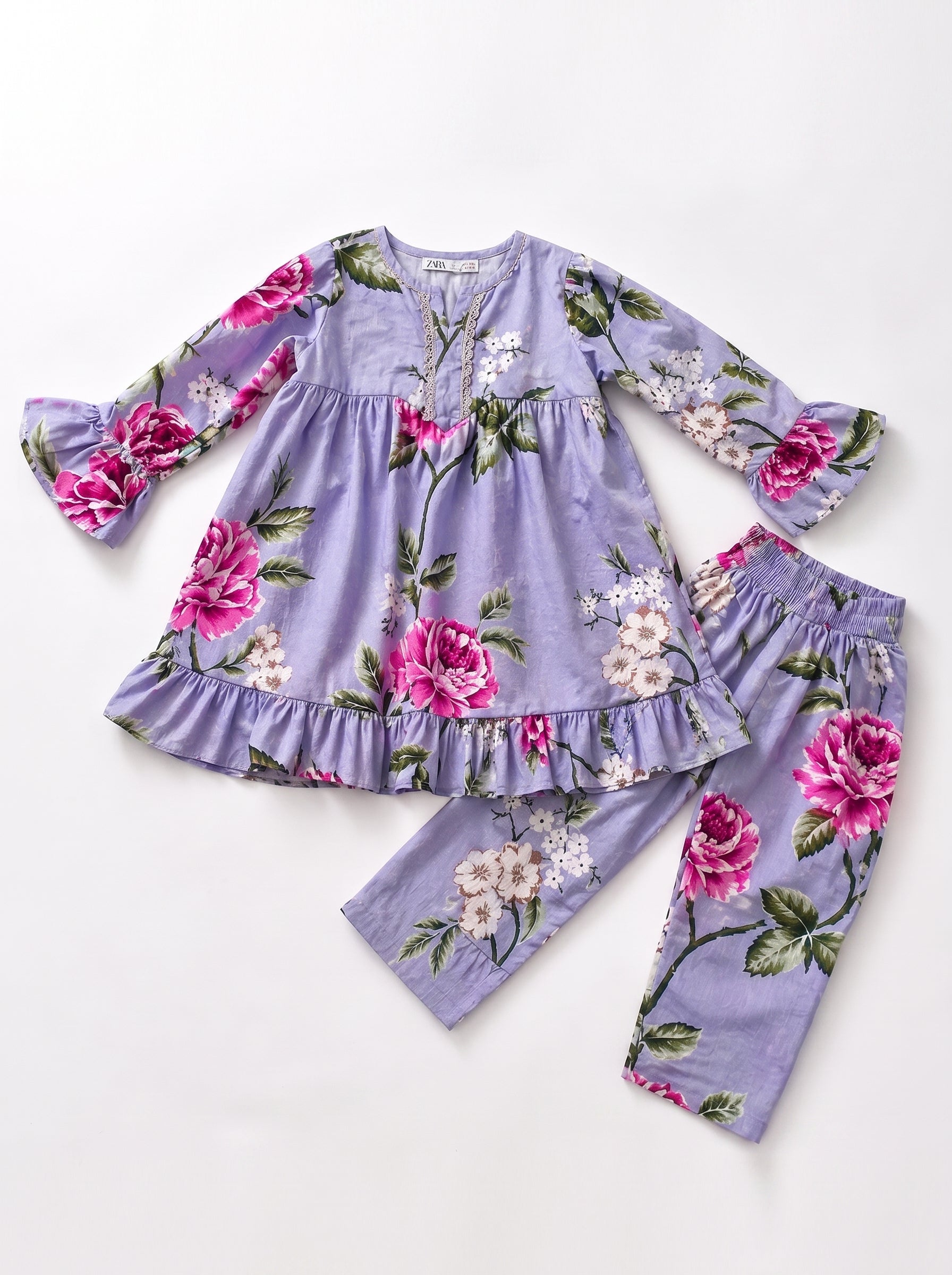 Lilac Floral (2-Pcs) Cotton Frock For Girls