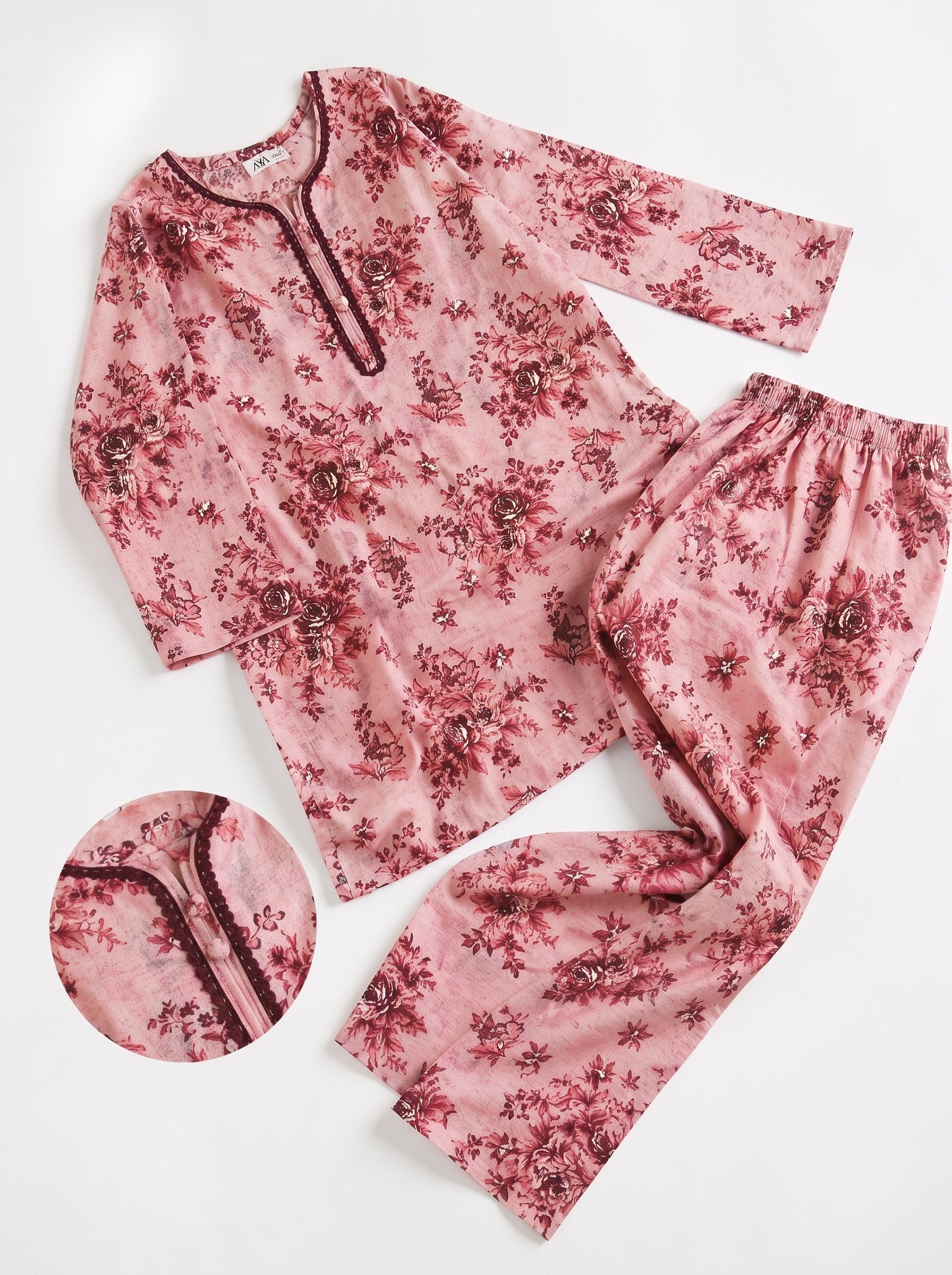 Rose Pink Floral (2-Pcs) Cotton Suit For Girls