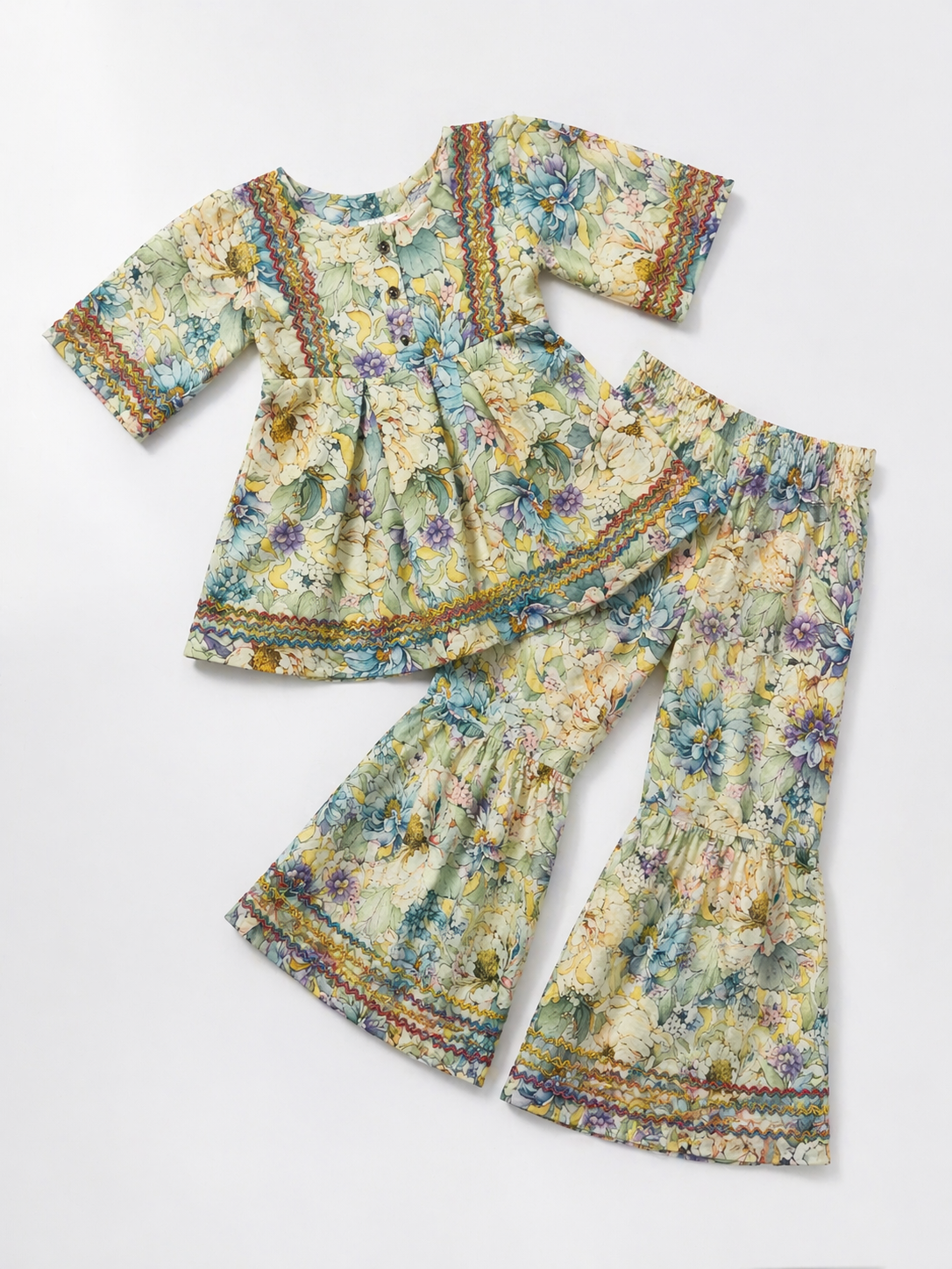 Beige Floral (2-Pcs) Cotton Frock For Girls