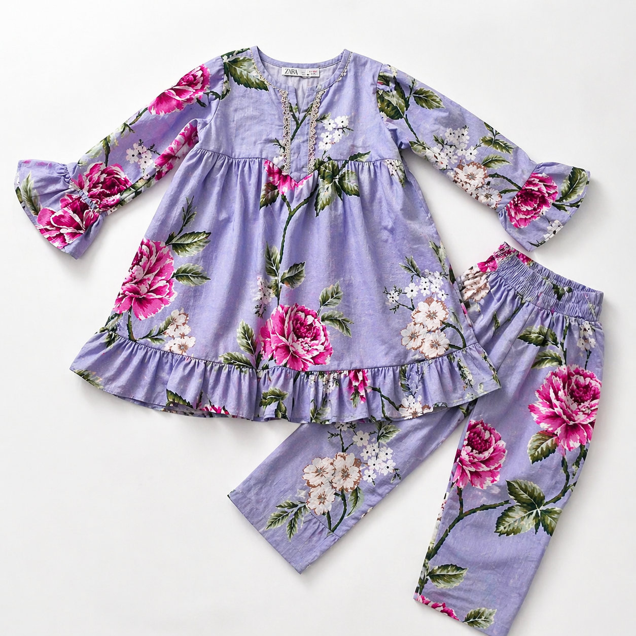 Lilac Floral (2-Pcs) Cotton Frock For Girls