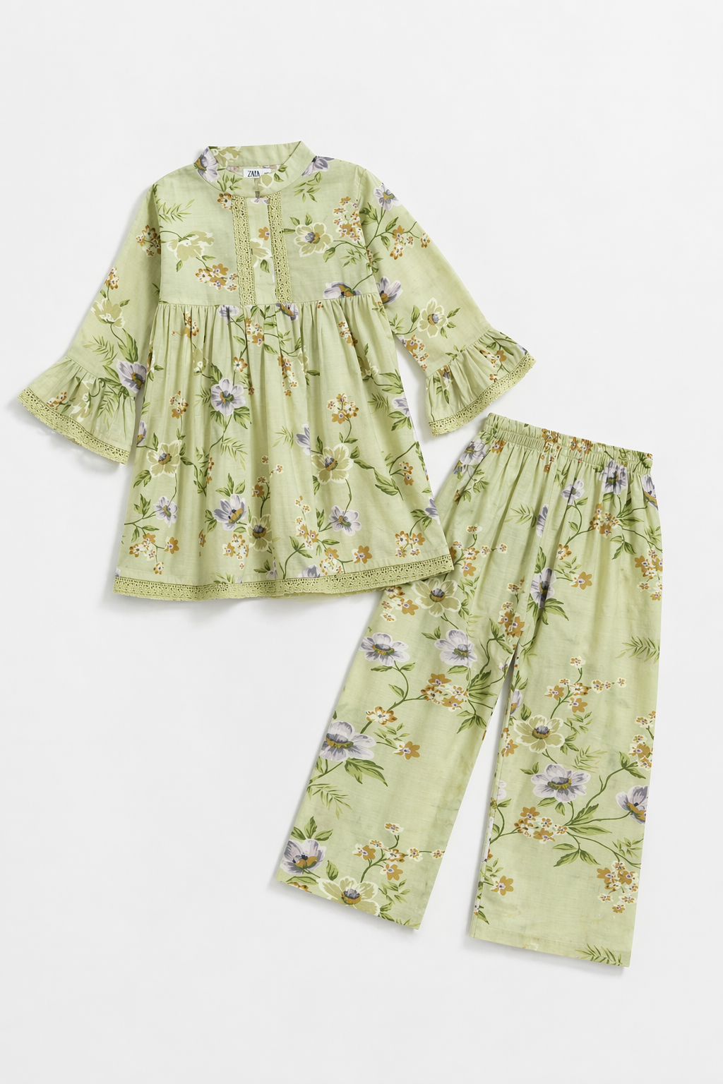 Light Pistachio Floral (2-Pcs) Cotton Frock For Girls