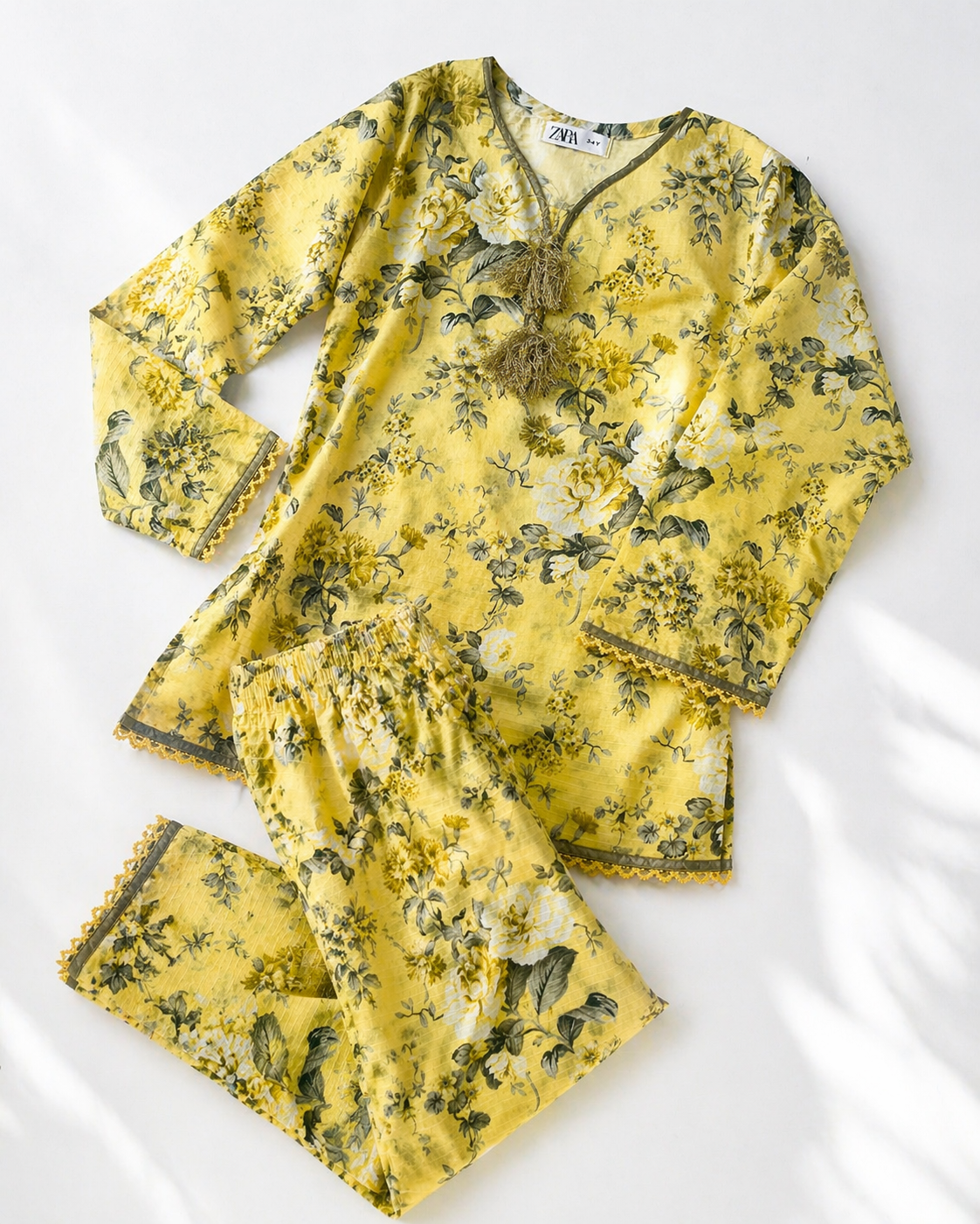 Light Yellow Floral (2-Pcs) Cotton Suit For Girls
