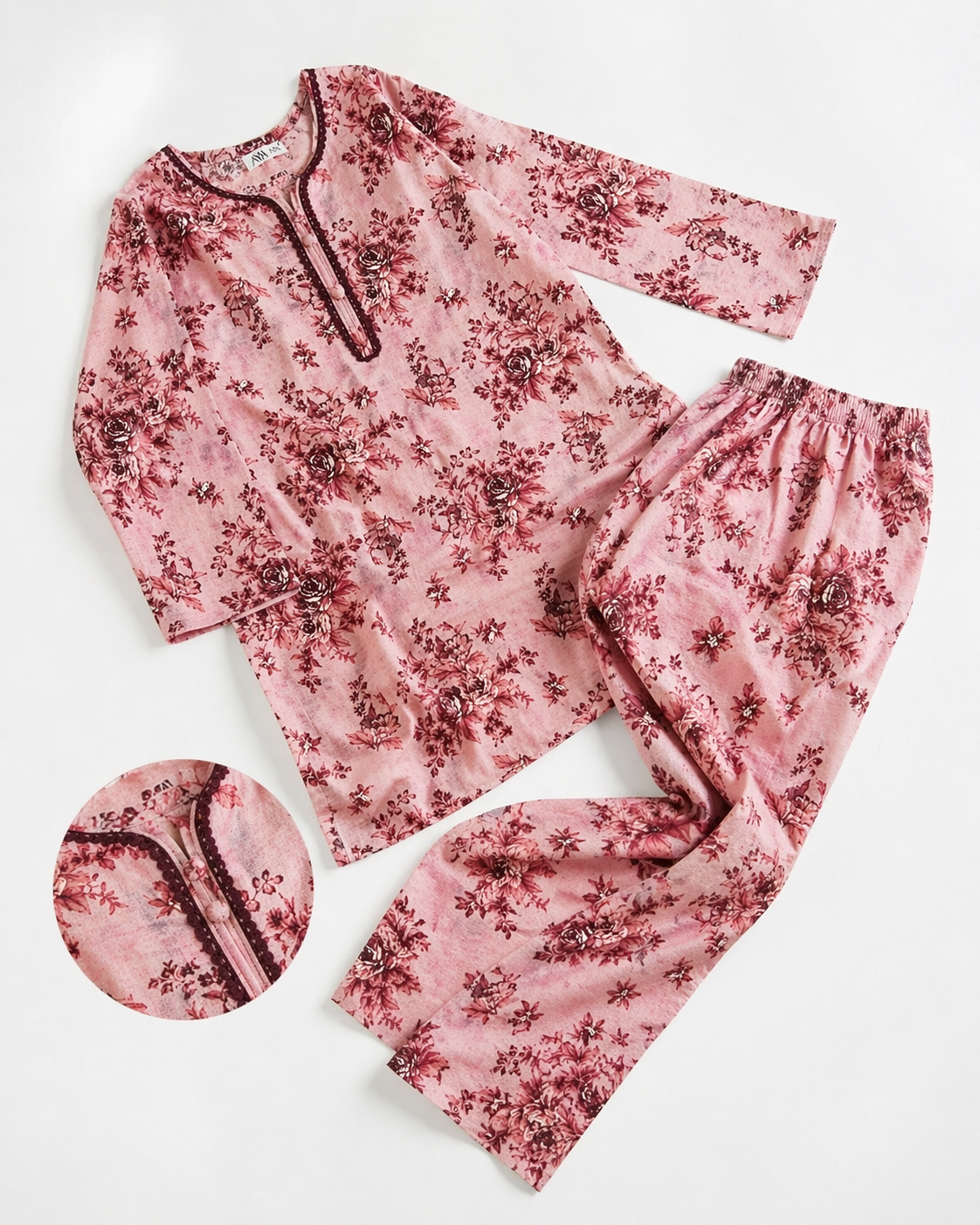 Rose Pink Floral (2-Pcs) Cotton Suit For Girls
