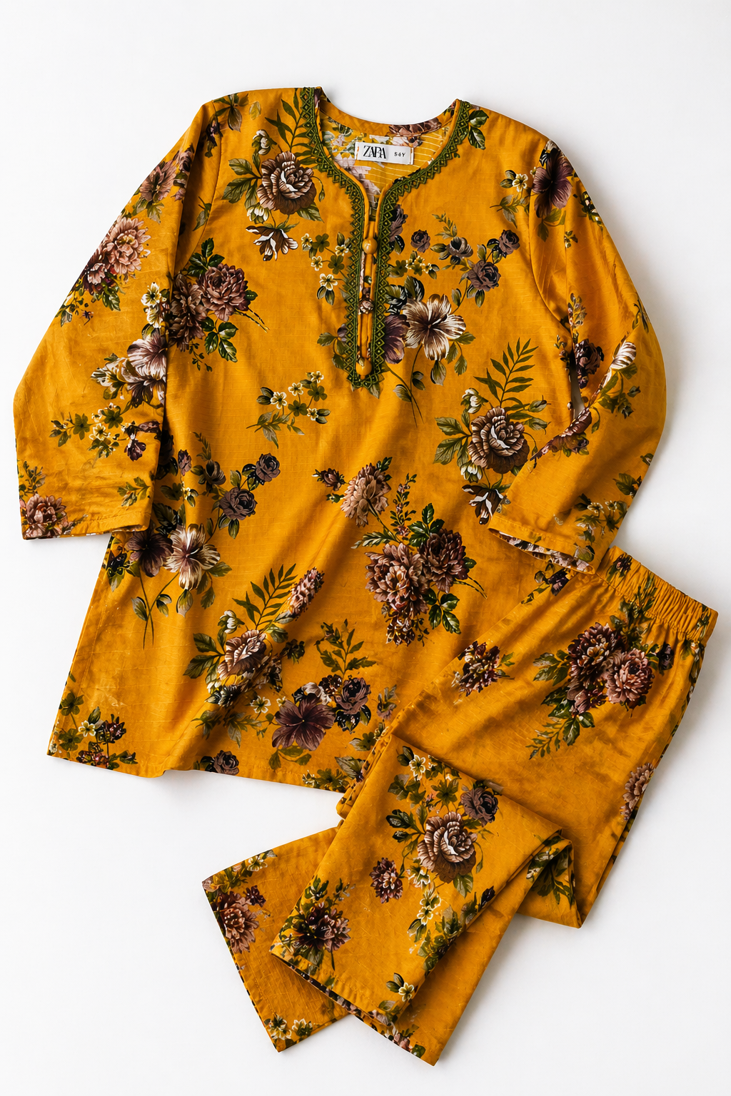 Mustard Orange Floral (2-Pcs) Cotton Suit For Girls