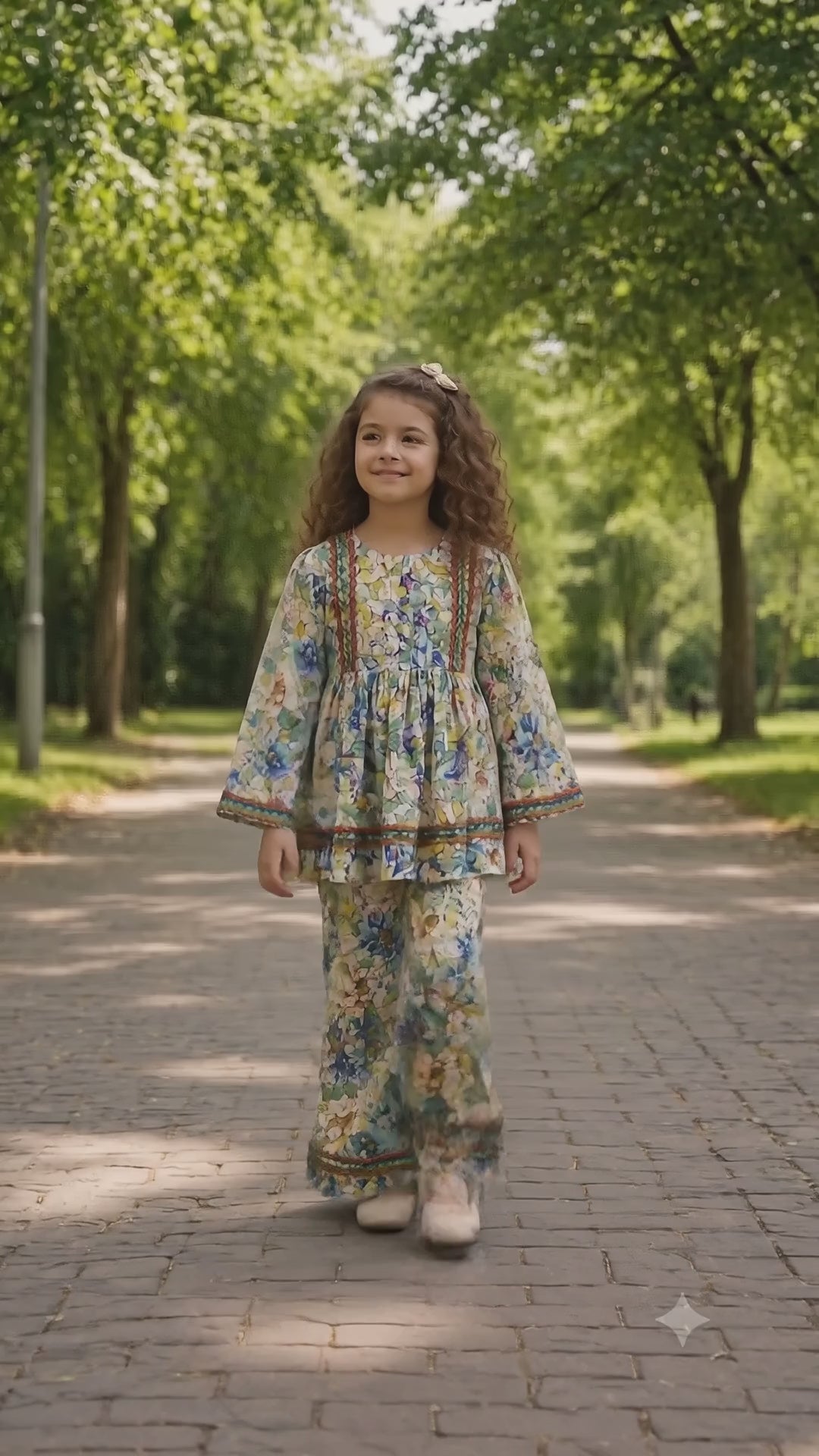 Beige Floral (2-Pcs) Cotton Frock For Girls