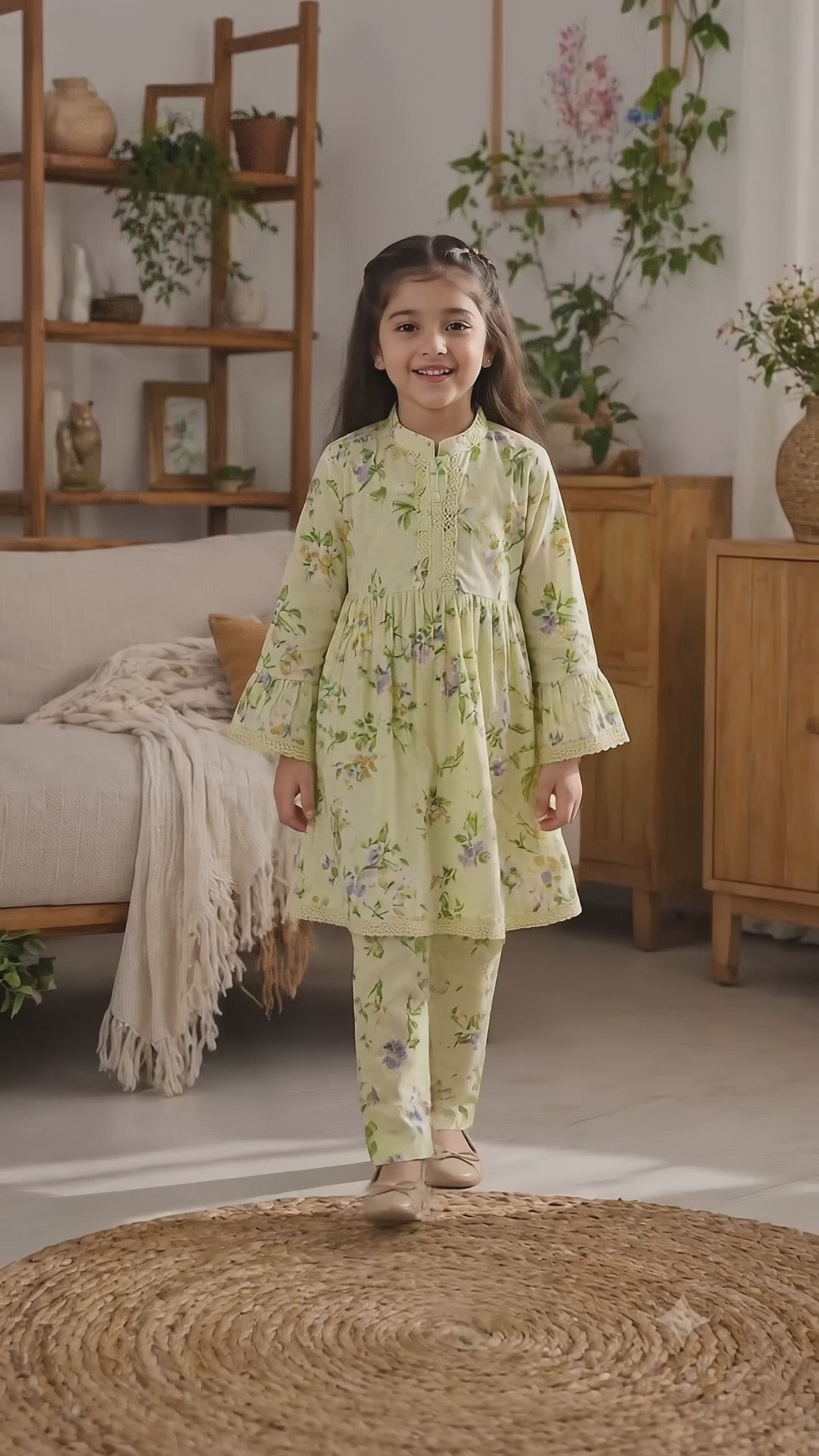 Light Pistachio Floral (2-Pcs) Cotton Frock For Girls
