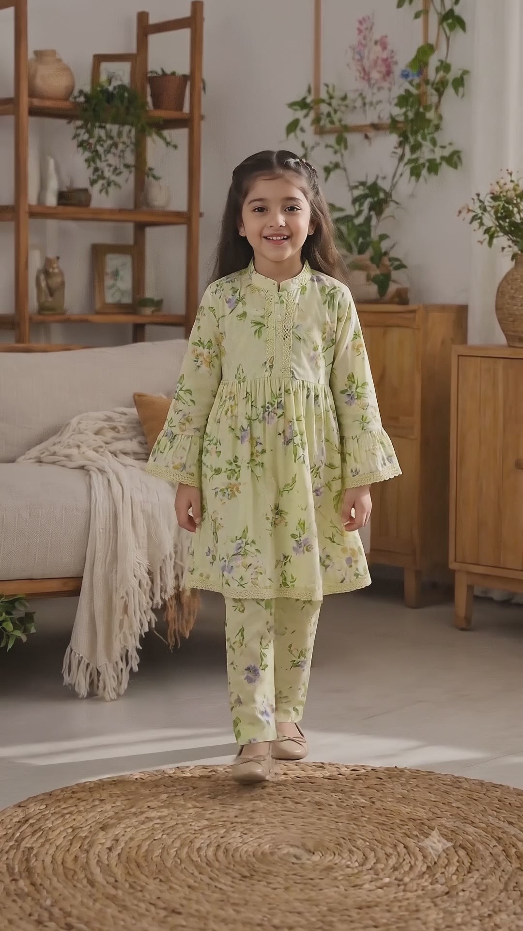 Light Pistachio Floral (2-Pcs) Cotton Frock For Girls