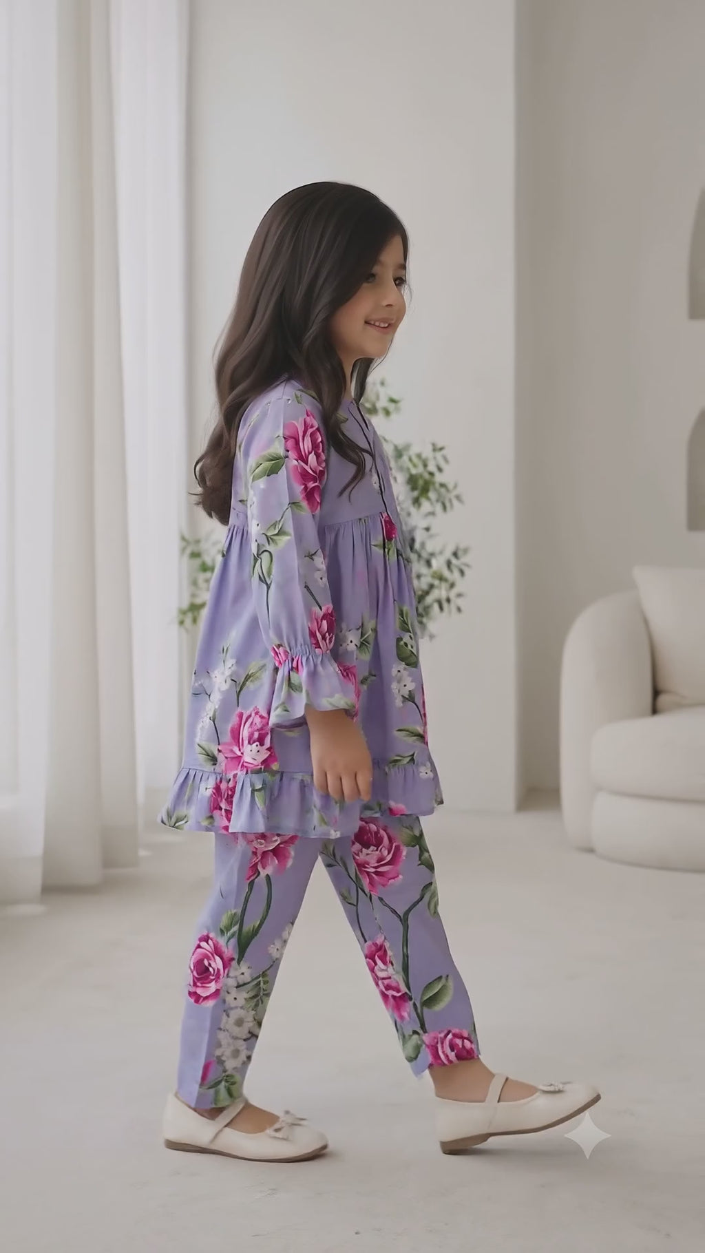 Lilac Floral (2-Pcs) Cotton Frock For Girls