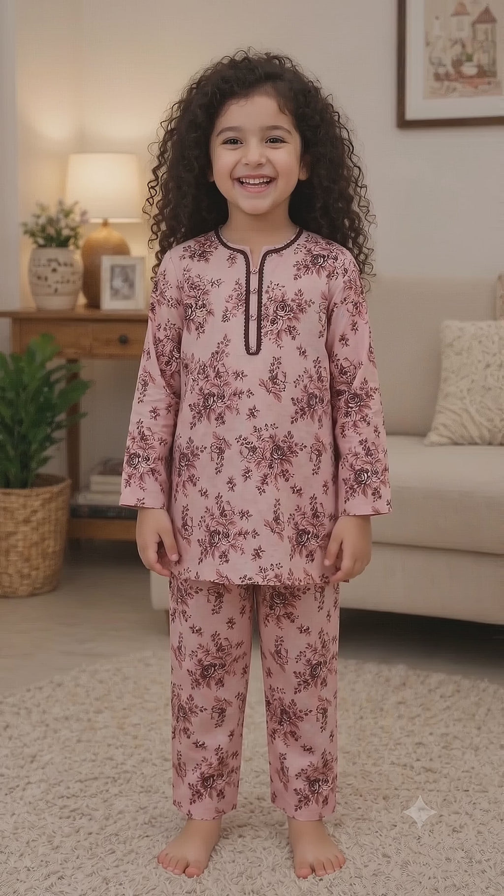 Rose Pink Floral (2-Pcs) Cotton Suit For Girls