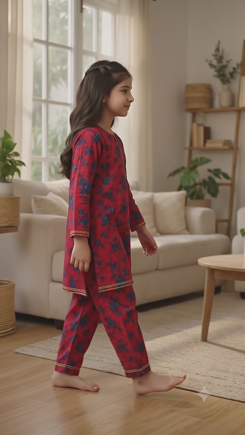 Red Floral (2-Pcs) Cotton Suit For Girls