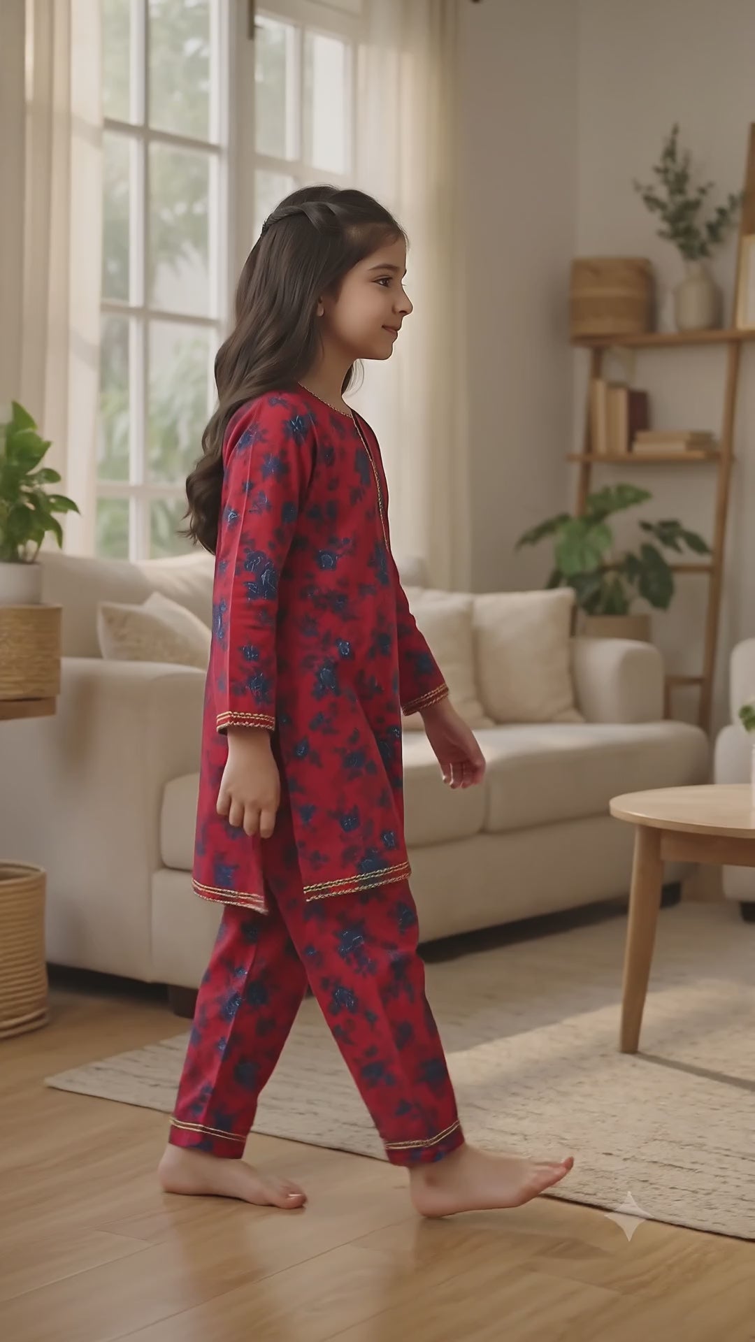 Red Floral (2-Pcs) Cotton Suit For Girls